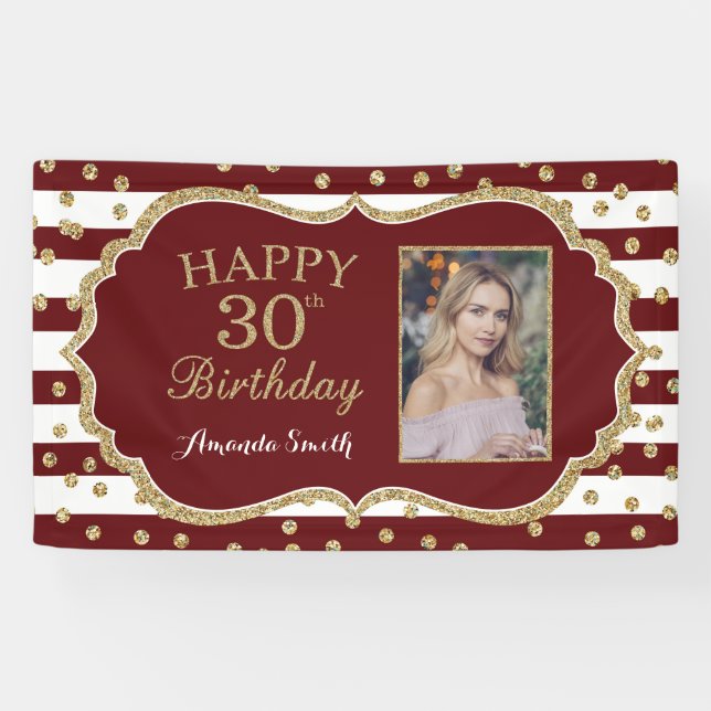 Happy 30th Birthday Banner Burgundy Gold Photo (Horizontal)