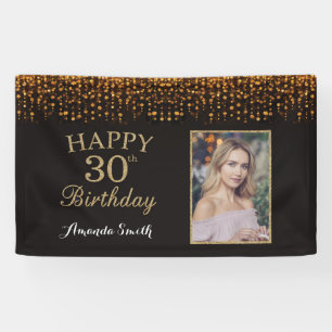 Happy 30th Birthday Banner. Gold Glitter Photo Banner