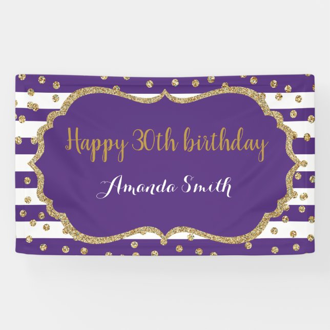 Happy 30th Birthday Banner.Purple and Gold Glitter Banner (Horizontal)