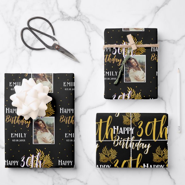 Happy 30th Birthday Black Gold Foliage Photo  Wrapping Paper Sheet (Front)