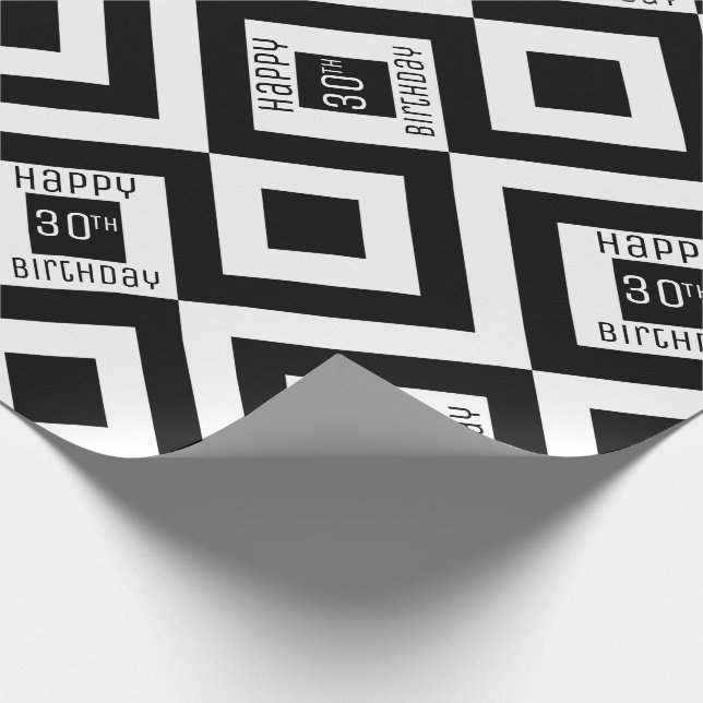 Happy 30th Birthday Black White Geometric Pattern Wrapping Paper (Corner)