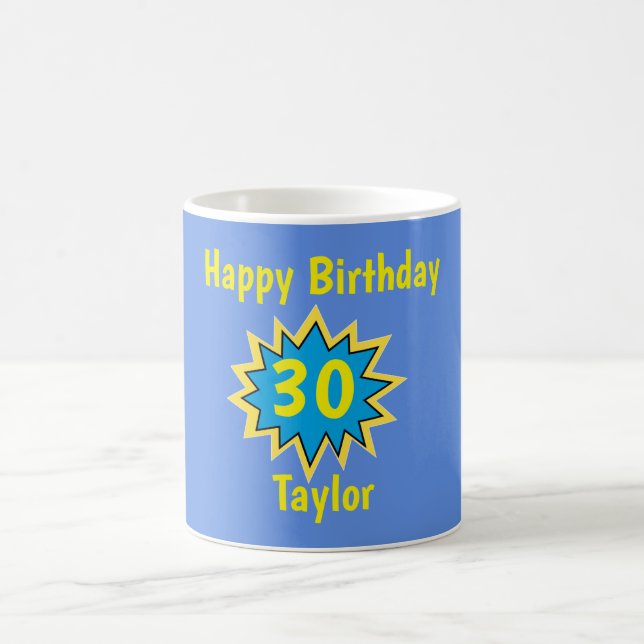 Happy 30th Birthday Blue and Yellow Superhero Coffee Mug (Center)