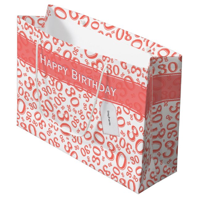  Happy 30th Birthday Coral Random Number Pattern Large Gift Bag (Front Angled)