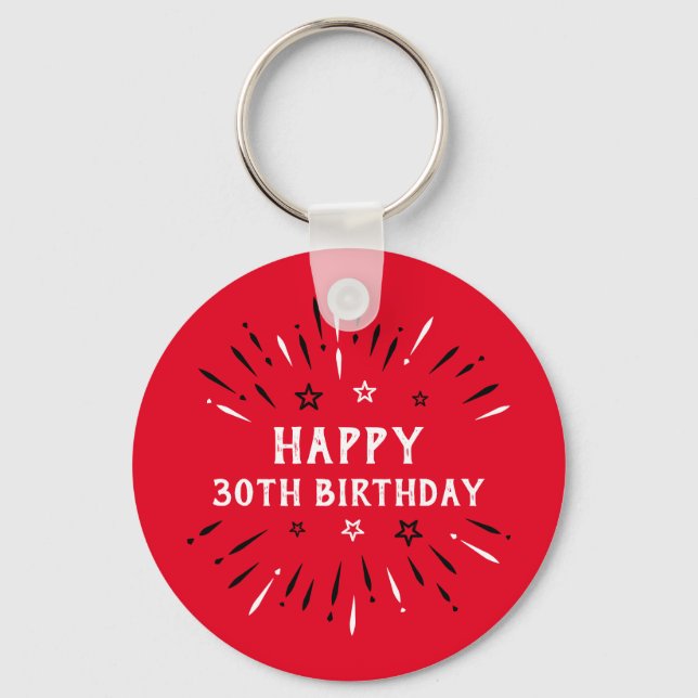 Happy 30th Birthday Fireworks Red Black White Keychain (Front)