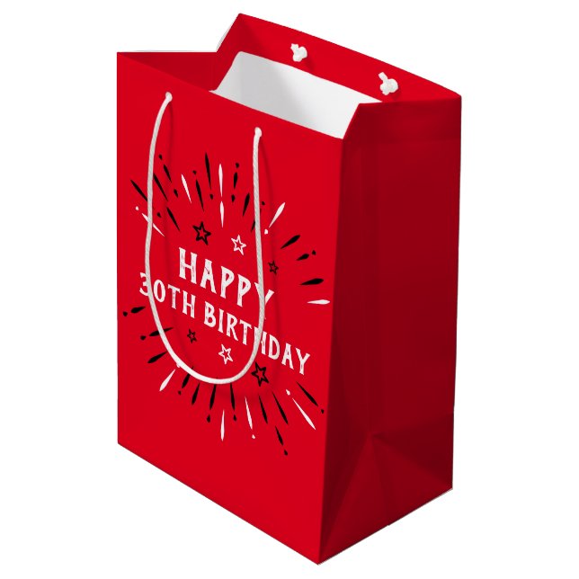 Happy 30th Birthday Fireworks Red Black White Medium Gift Bag (Back Angled)