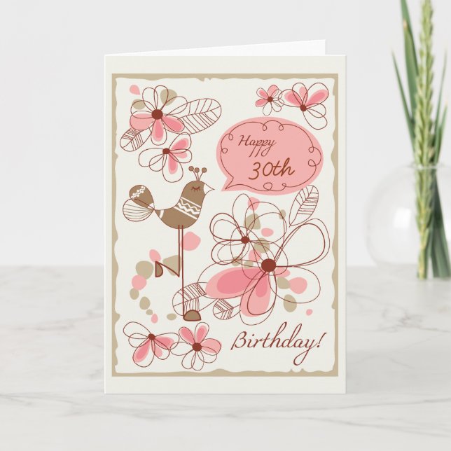 Happy 30th Birthday Floral Bird Greeting Card (Front)