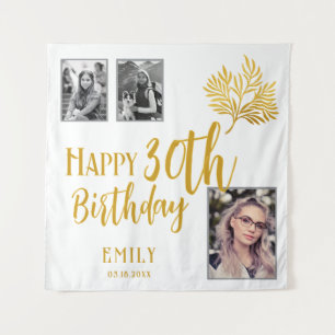 Happy 30th Birthday Gold Foliage 3 Photo Backdrop Tapestry