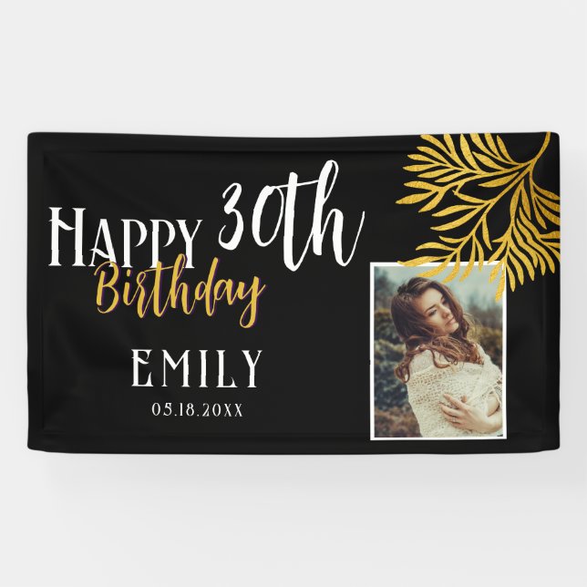 Happy 30th Birthday Gold Foliage Photo Backdrop Banner (Horizontal)