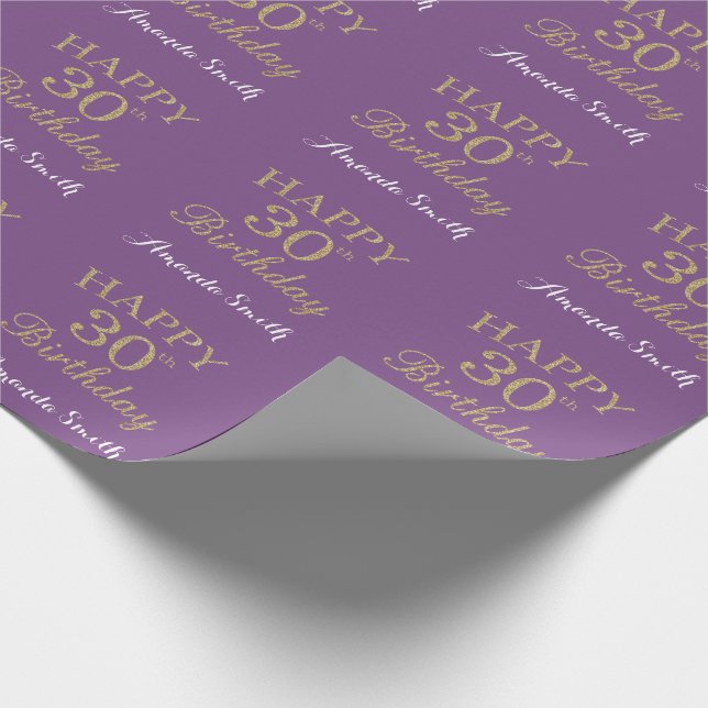 Happy 30th Birthday Gold Glitter and Purple Wrapping Paper (Corner)