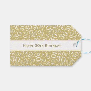 Happy 30th Birthday Gold/White Number Pattern Gift Tags