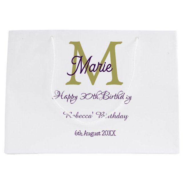 Happy 30th Birthday goldenadd name monogram modern Large Gift Bag (Front)
