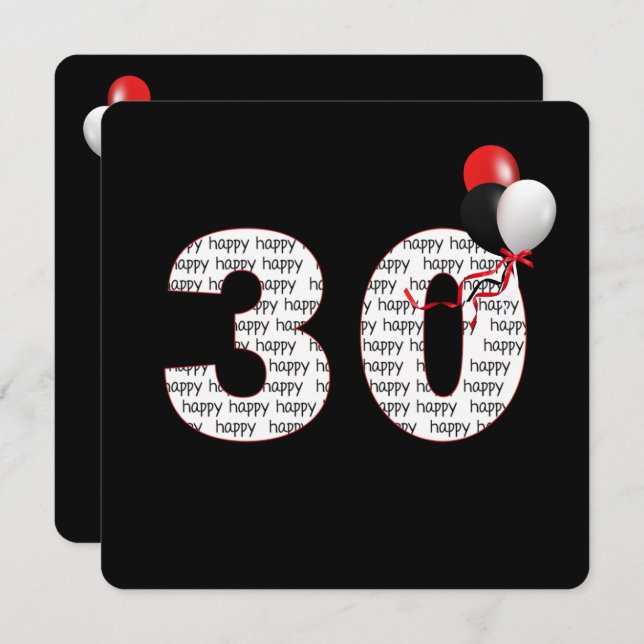 Happy 30th Birthday On Black Invitation (Front/Back)