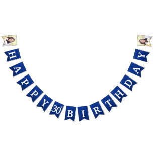 Happy 30th Birthday Photo Blue Glitter Bunting Flags
