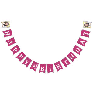 Happy 30th Birthday Photo Hot Pink Glitter Bunting Flags