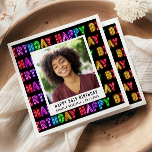 Happy 30th Birthday Photo Rainbow Neon Napkin
