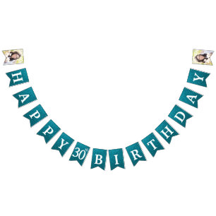Happy 30th Birthday Photo Teal Glitter Bunting Flags