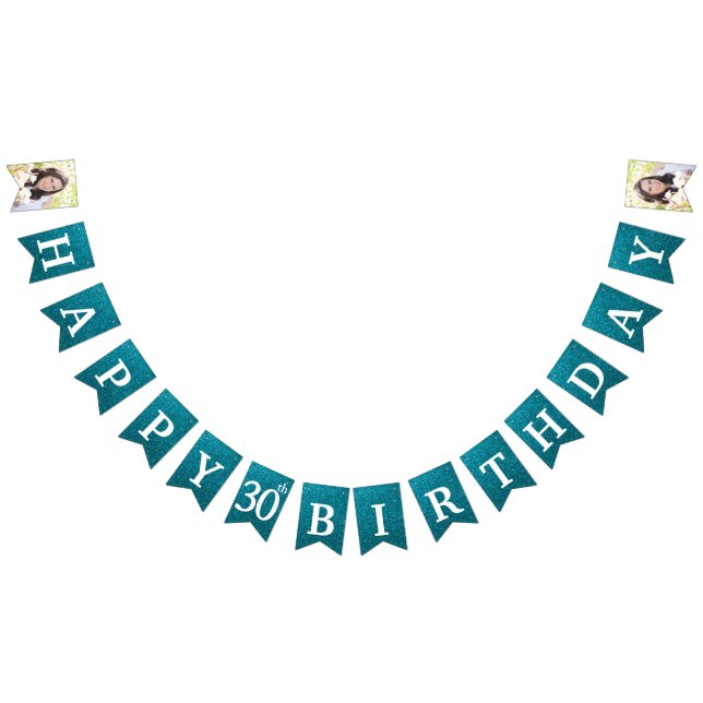 Happy 30th Birthday Photo Teal Glitter Bunting Flags (All)