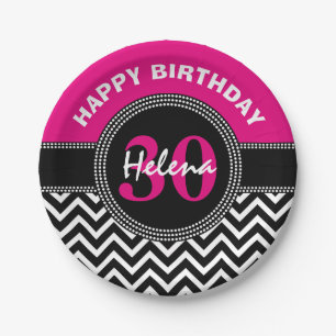Happy 30th Birthday Pink Monogram Chevron Paper Plate