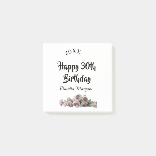 Happy 30th birthday pink white mauve floral name y post-it notes (Front)