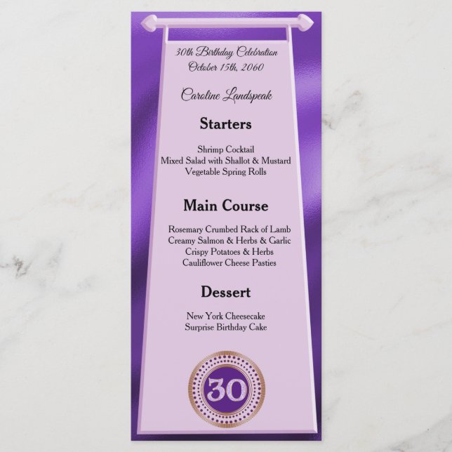 Happy 30th Birthday Purple Glitter Foil Menu (Front)