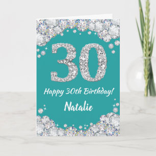 Happy 30th Birthday Teal and Silver Glitter Card