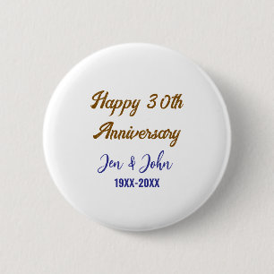 Happy 30th wedding anniversary royal blue golden s 2 inch round button