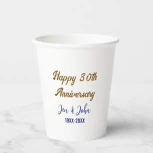 Happy 30th wedding anniversary royal blue golden s paper cups