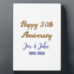 Happy 30th wedding anniversary royal blue golden s plaque<br><div class="desc">Design</div>
