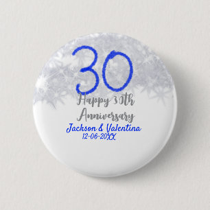 Happy 30th wedding anniversary silver blue glitter 2 inch round button