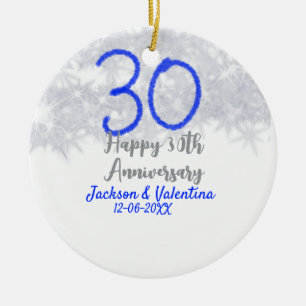 Happy 30th wedding anniversary silver blue glitter ceramic ornament
