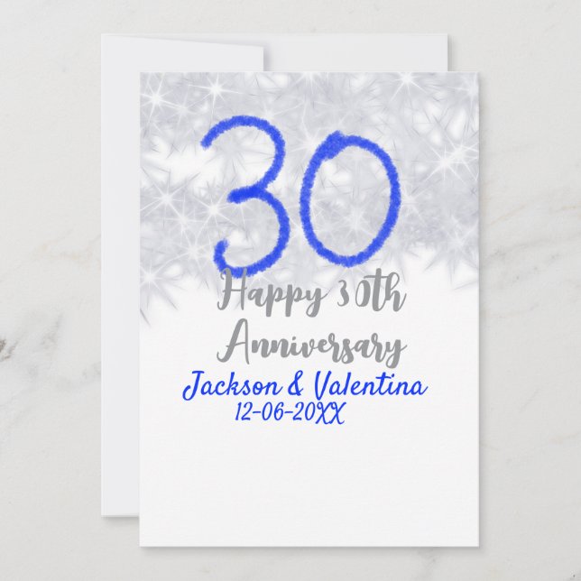 Happy 30th wedding anniversary silver blue glitter invitation (Front)