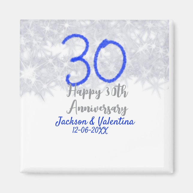 Happy 30th wedding anniversary silver blue glitter magnet (Front)