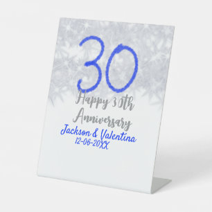 Happy 30th wedding anniversary silver blue glitter pedestal sign