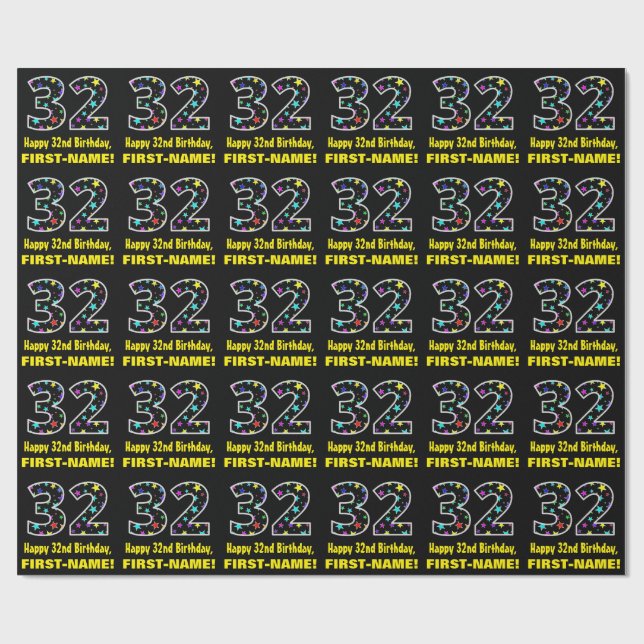 Happy 32nd Birthday, Fun Colourful Stars Pattern 3 Wrapping Paper (Flat)