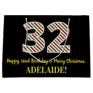 Happy 32nd Birthday & Merry Christmas, Custom Name Large Gift Bag
