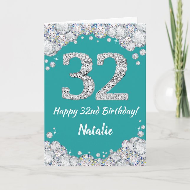 Happy 32nd Birthday Teal and Silver Glitter Card (Front)