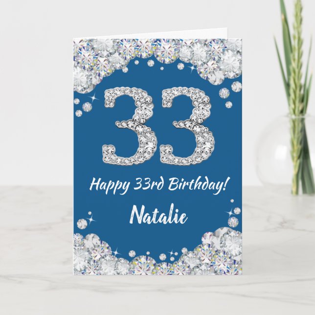 Happy 33rd Birthday Blue and Silver Glitter Card (Front)