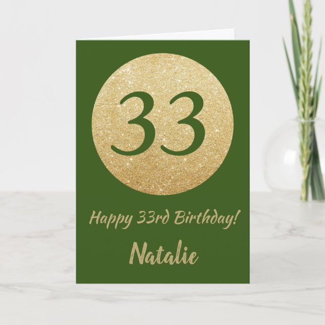 Happy 33rd  Birthday Green and Gold Glitter Card (Front)