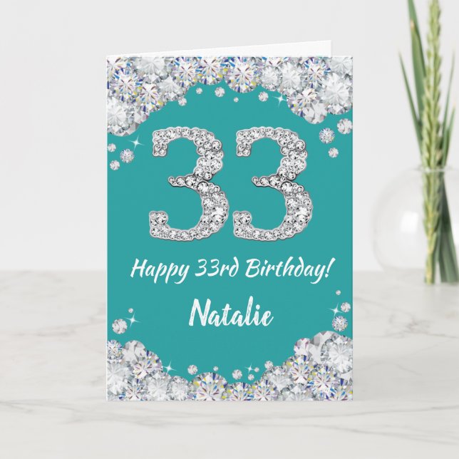 Happy 33rd Birthday Teal and Silver Glitter Card (Front)