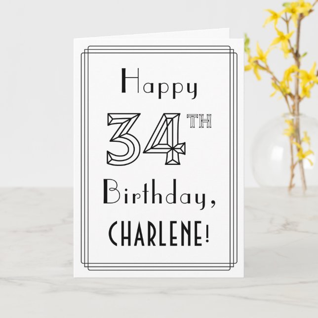 Happy 34th Birthday, Art Deco Style w/ Custom Name Card (Yellow Flower)