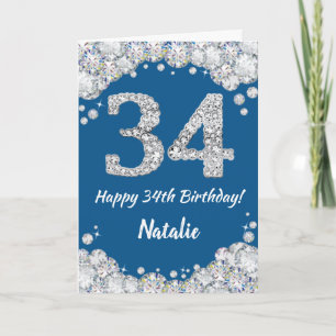 Happy 34th Birthday Blue and Silver Glitter Card