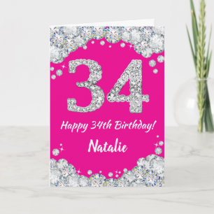 Happy 34th Birthday Hot Pink and Silver Glitter Card