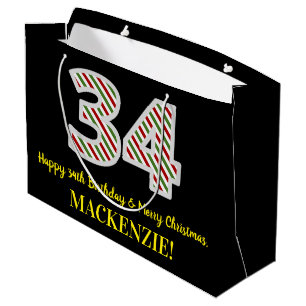 Happy 34th Birthday & Merry Christmas, Custom Name Large Gift Bag