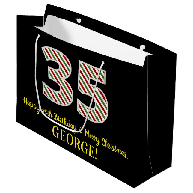 Happy 35th Birthday & Merry Christmas, Custom Name Large Gift Bag (Front Angled)