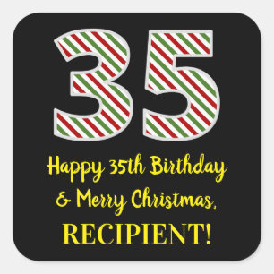 Happy 35th Birthday & Merry Christmas, Custom Name Square Sticker