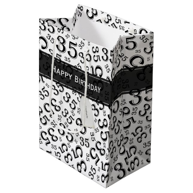 Happy 35th Birthday Number Pattern Black/White Medium Gift Bag (Front Angled)