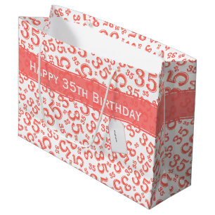 Happy 35th Birthday Number Pattern Coral/White Large Gift Bag