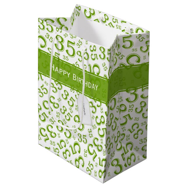 Happy 35th Birthday Number Pattern Green/White Medium Gift Bag (Front Angled)