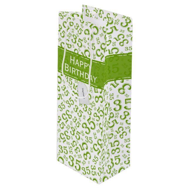 Happy 35th Birthday Number Pattern Green/White Wine Gift Bag (Front Angled)