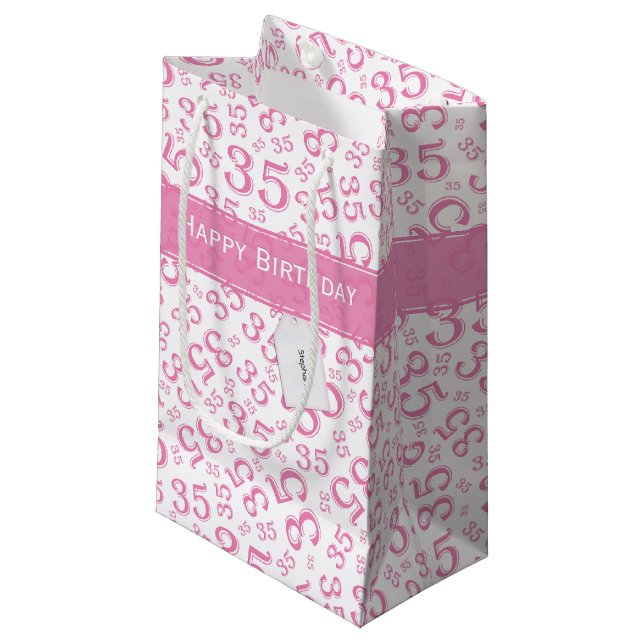 Happy 35th Birthday Number Pattern Pink/White Small Gift Bag (Front Angled)